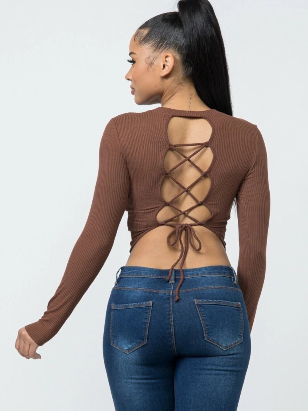 Ribbed Long Sleeve Lace-Up Back Crop Top Brown NIP